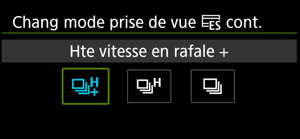 Menu du Canon R5 MArk II pour configurer la rafale