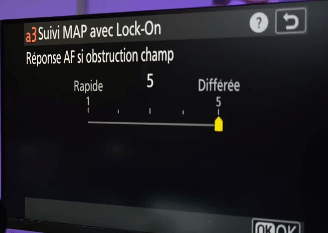 Choisir vitesse 5 pour le suivi de la mise au point dans menu Nikon