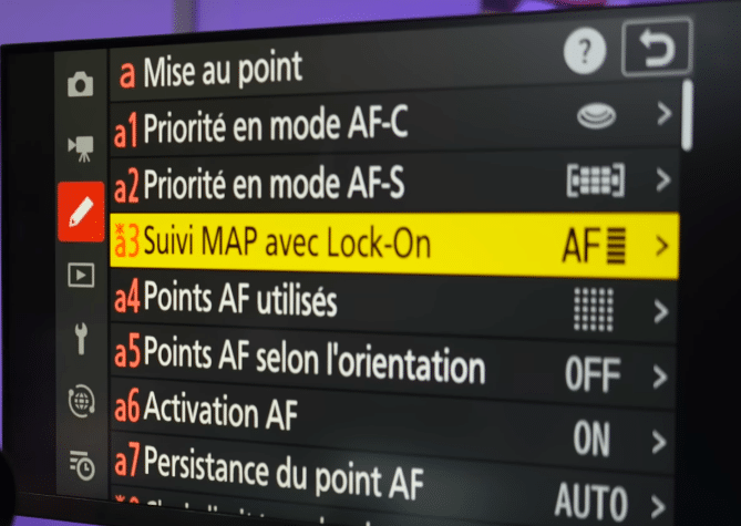 Menu A3 suivi de la mise au point Nikon